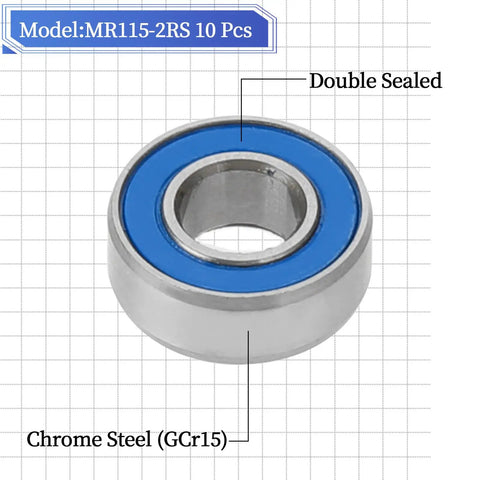 10-Pack MR115-2RS Miniature Deep Groove Ball Bearings featuring double rubber seals and chrome steel construction close-up.