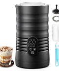 Cafe-Style Barista-Grade Milk Foam Maker And Frother With Temperature Display, 350Ml Capacity, accessories, and coffee example.