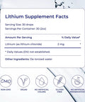 Supplement facts for Ionic Minerals Liquid Lithium Drops For Brain Health And Chill Support, 2 oz, with lithium chloride 2 mg per serving.