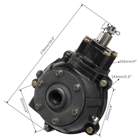 Complete 4WD Go Kart Transmission Kit With CV Axles Differential Reverse Gearbox Swing Arms Hubs Knuckles Brake Calipers Rotors And Drive Shaft For ATV UTV Quad Buggy 4 Wheelers; differential close-up with measurements