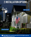 Top Shelf Kickass Outdoor Solar Spotlight Lights 4 Pack shown with wall and ground installation options near porch and garden.