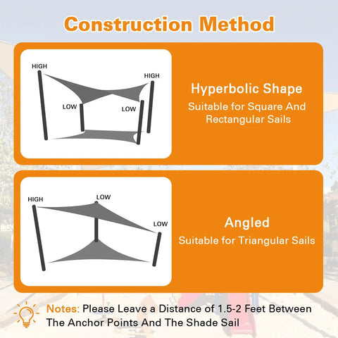 Diagram showing hyperbolic and angled construction methods for installing Sun Shade Sail 20 By 20 By 28 Point 3 Triangle Dark Grey With Curved Edges Commercial Grade 185GSM HDPE Outdoor Shade Cloth
