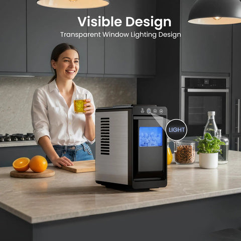 Woman using countertop ice maker machine portable with self cleaning function, 26 lbs per day, bullet ice in 6 to 8 minutes, in kitchen.