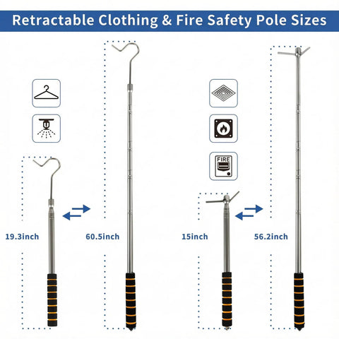 Skip The Ladder Hustle With This Extendable Smoke Detector Tester Pole Reaching High Alarms Like A Champ Two Replaceable Heads For Fast Safety Checks Plus Handy Home Repair Jobs Solid Steel Frame, showing different pole sizes.