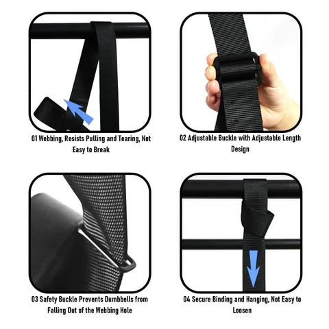 Heavy Duty Dumbbell Spotter Straps 2 Pack Adjustable Safety Belts With Tough Nylon Webbing and Secure Metal Buckle For Bench Press Home Gym Power Rack showing durable webbing, adjustable buckle, safety buckle, and secure design.