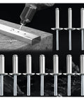 Large Flange Aluminum Blind Rivets Set For Quick Fixes Pop Rivet Kit 4.8mm Diameter 16mm Grip in use with drill and metalwork