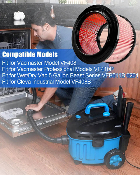2 Pack Fine Dust Cartridge Filter for VF408, VF410P, Beast VFB511B 0201, Cleva VF408B with blue vacuum in kitchen setting