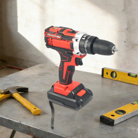 Heavy Hitter Cordless Drill Set With Variable Speed Gears And 25 Plus 3 Torque Settings on workbench with tools, showing design and features.