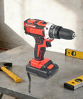Heavy Duty Workhorse Cordless Drill And Driver Kit Featuring Two Speed Variable Trigger Plus 28 Nm Knockout Torque on a workbench.