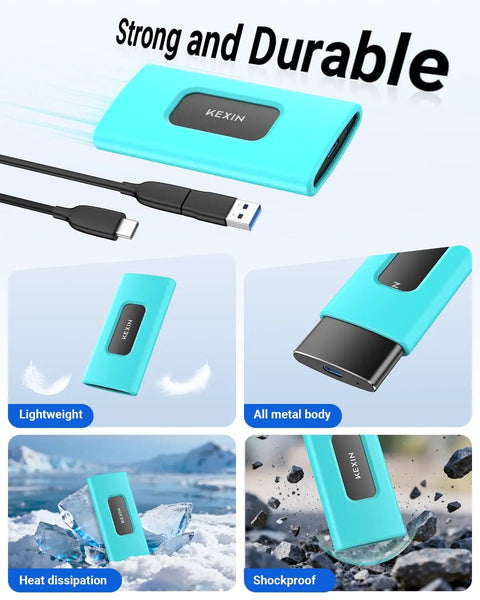 256GB External SSD Drive USB 3.1 Type C Portable Solid State Drive with all-metal body, showing lightweight and shockproof features