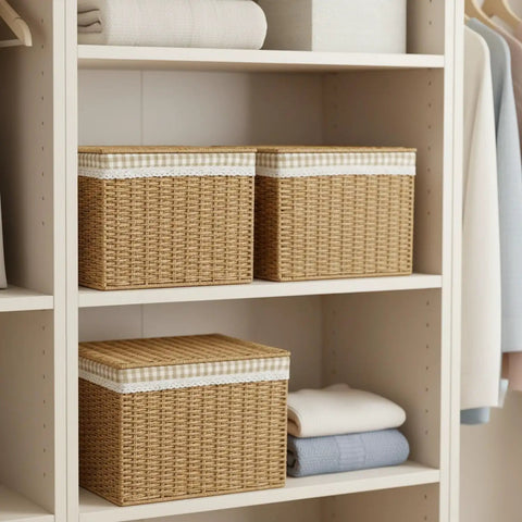 Slick Heavy Duty Flip Top Storage Bin For Closets And Bathroom Vanities To Dodge Dust And Keep Dailies Nice And Tidy With Secure Lid for folded clothes in a closet.