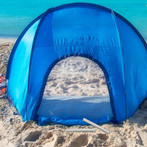Lightweight Aluminum Tent Pole Repair Tubes 4 Pack Connectors For Easy On The Fly Fix 5.11 Inch Compact Tent Pole Sleeves next to a blue tent on a beach