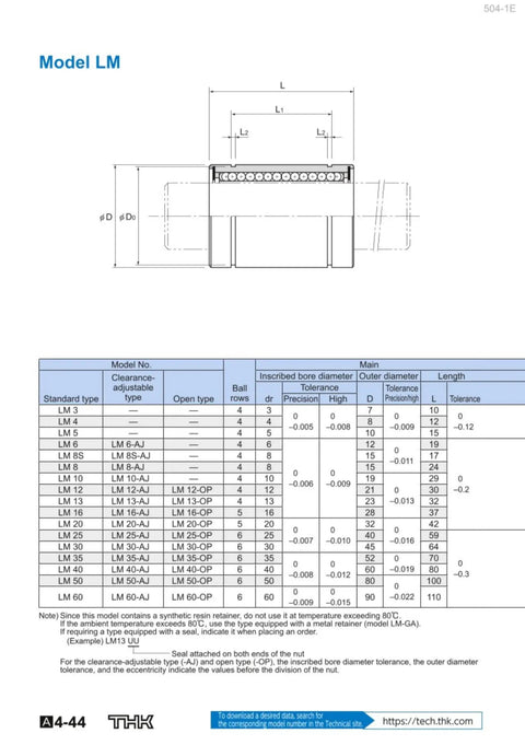 High Torque LM25UU Linear Ball Bushing schematic showing dimensions and specifications for custom machinery use.