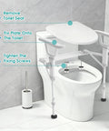 Rock Solid Foldable Toilet Safety Rail For Seniors Crafted From Heavy Duty Aluminum Reinforced With Tough As Nails Carbon Frame Holding Five Hundred Pounds Smooth Bathroom Assist installation steps next to a toilet.