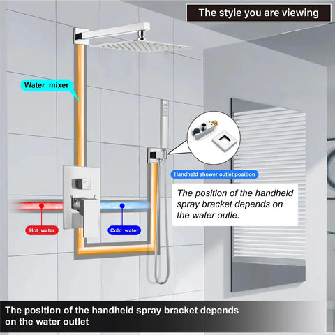 Wall Mount Shower System With Square Rain Head And Hand Sprayer Includes Rough In Valve Body And Trim Kit 10 Inch Chrome Finish Modern Spa Vibe For Home Bathrooms Easy Install And Reliable Water Flow in a bathroom setup showing water mixer and outlet positions.