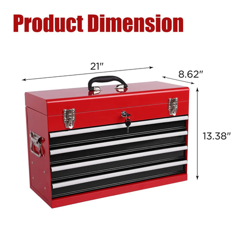 Badass 4 Drawer Tool Chest 21 Inch Steel Portable Toolbox with dimensions showing 21x8.62x13.38 inches, tough red shell.