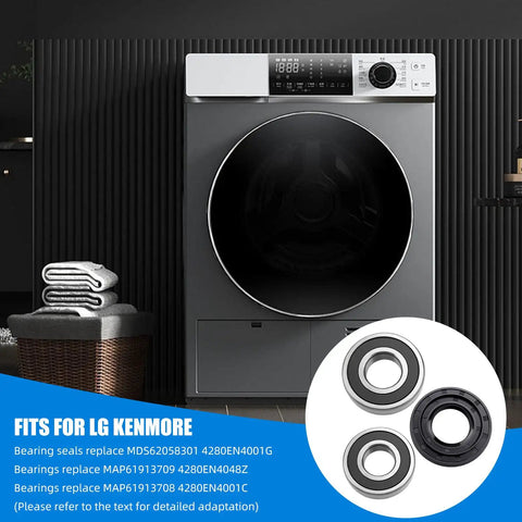Top Tier Front Load Washer Bearing And Rotary Seal Kit Featuring A Hella Durable Tub Drum Gasket Crafted For Smooth Spin Cycles And Effortless Daily Laundry Fixes displayed beside a modern washing machine.