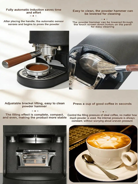 Hassle Free Automatic Coffee Tamper Machine Designed For Home Baristas Featuring Adjustable Pressure Settings Smooth Stainless Steel Build And Dead Simple Operation For Perfect Espresso Shots Daily with powder hammer and coffee grounds.
