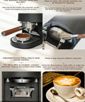 Automatic 58mm Espresso Tamper Machine With Precision Pressure Dial For Crazy Consistent Coffee Packing And Top Shelf Day One Pulls At Home Or Local Coffee Shop showing portafilter with tamped coffee.