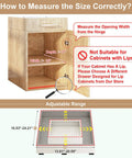 Kickass Pull Out Cabinet Organizer With No Sweat Adhesive Mount For Kitchens showing measuring guide for cabinet size compatibility.