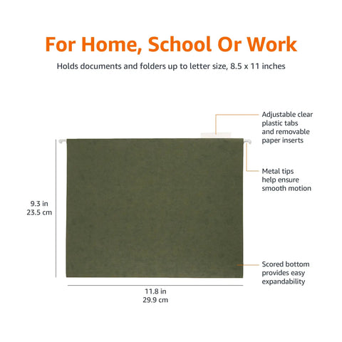 Heavy Duty Green Hanging File Folders With Adjustable Tabs And Removable Label Inserts For Standard Letter Size Papers shown with size details and features.