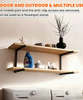 Heavy-Duty Wall Mounted Lumber Rack, Beefy Three-Tier Garage Shelf And Shop Wood Organizer, Black two tier shelf with laundry supplies.