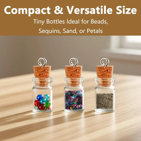Mini Glass Bottle Charms With Corks And Eye Screw Caps Includes Tiny Dropper Vials For Diy Necklace And Keychains filled with beads, glitter, and sand.