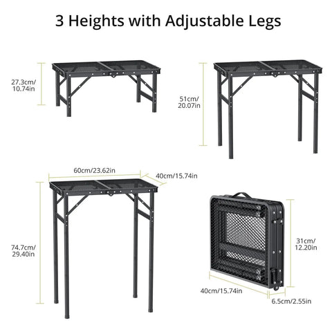 Foldable Grill Table With 3 Height Settings Up To 29.5 Inches Lightweight Camping Table With Heat Resistant Mesh Top Waterproof Portable Handle For Outdoor Cooking BBQ Tailgate Or Picnic Setup