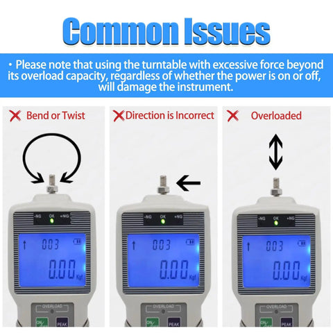 Common issues warning for Kick Ass Digital Force Gauge And Test Stand Combo, showing bend, direction, and overload alerts.