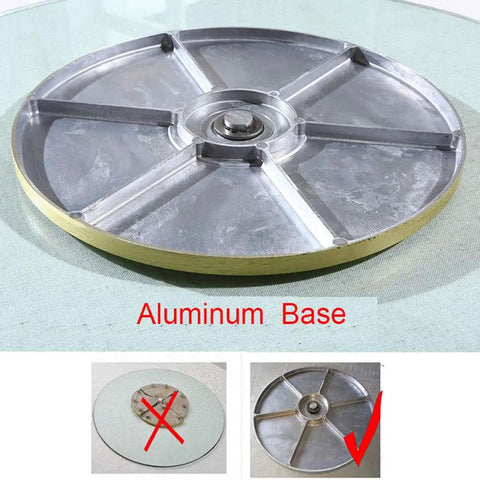 Adjustable Rotating Lazy Susan Turntable With Tempered Glass Top And Heavy Duty Aluminum Base Featuring Slick Rolling Bearings image of aluminum base.