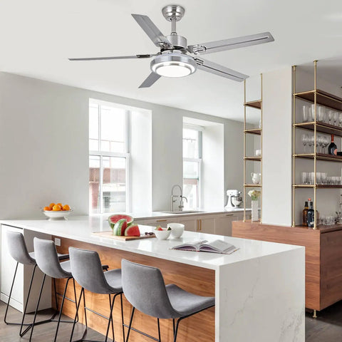 Modern Minimalist Smart Ceiling Fan with lights and remote control in kitchen, brushed nickel finish, 52 inch, five blades