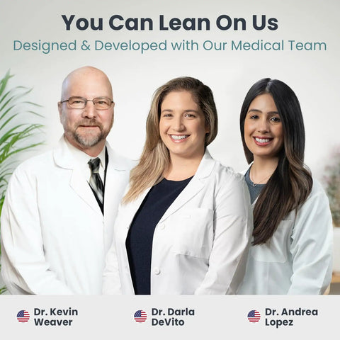 Group of healthcare professionals in lab coats smiling, symbolizing trust in medical design and development.