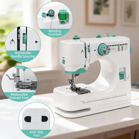 Mini Electric Sewing Machine With Extension Table And 56 Accessory Pieces, 12 Built In Stitches For Beginners, detailed view showing adjustable needle spacing and winding function.