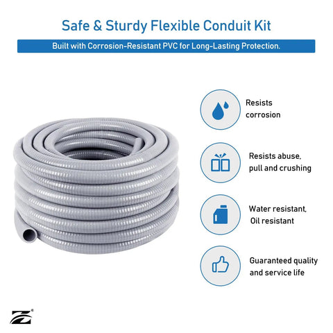 Half Inch Flexible PVC Electrical Conduit Kit 50 Feet Liquid Tight With Five Couplings Five Elbows And Ten Straps Ready-To-Go