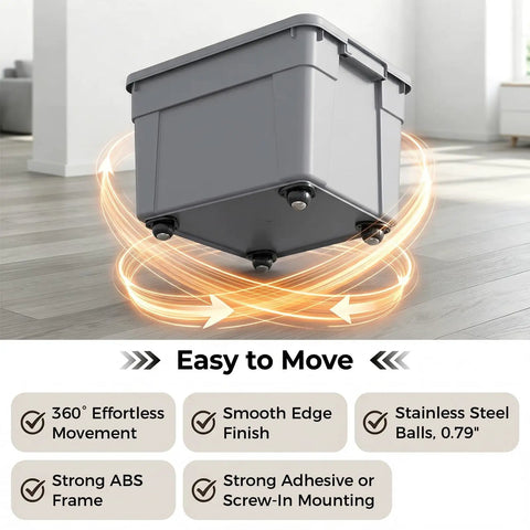 Self Adhesive Caster Wheels With 360 Swivel Rotation For Heavy Duty Furniture Moving Featuring Strong Peel And Stick Adhesive For Quick No Drill Setup In Black Design under a storage box on hardwood.