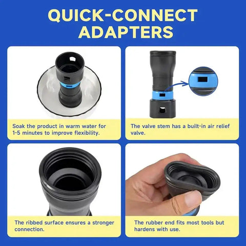 Premium 7 Piece Vacuum Hose Expansion Adapter Kit With Quick Connectors For Home Workshop Dust Collection System showcased with instructions and features.