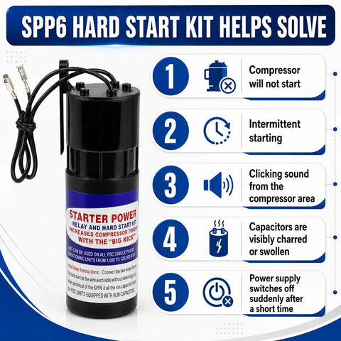 Heavy Duty Hard Start Capacitor Kit 2 Pack For Air Compressors 115V To 288V showing SPP6 model with attached wires.