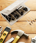 Aluminum Blind Rivet Kit With Burr Free Pull Rods, 120 Piece Assortment In Black Aluminum Finish shown with tools on wooden surface.