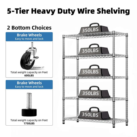 Tough As Nails Five Tier Chrome Wire Shelving Rack With Locking Casters And NSF Certification For Kitchen Garage Or Home Office Storage Up To Three Hundred Fifty Pounds Per Shelf, displayed with weights.