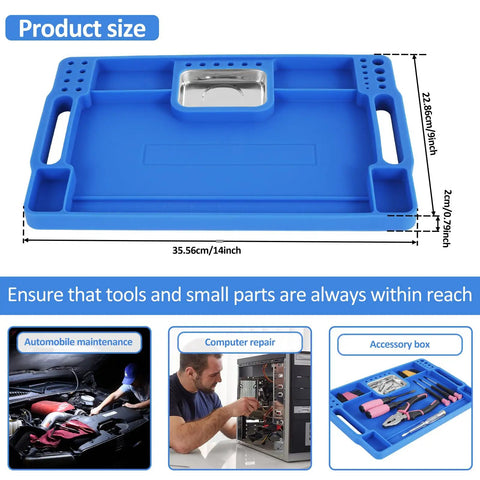 Top view of Blue Silicone Tool Tray For Auto Repairs Flexible Magnetic Tool Holder With Small Parts Tray Non Slip Organizer