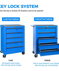Heavy Duty 20 Inch Rolling Tool Chest Featuring 5 Slick Ball Bearing Drawers Lock and Unlock Key Lock System Blue Garage Organizer