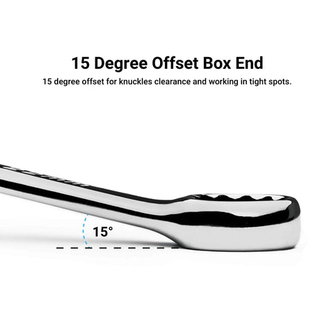15 degree offset box end of One And Three Sixteenths Inch 12 Point Combination Wrench SAE Built For High Torque Leverage With A Longer Handle Chrome Vanadium Forged For Pro Mechanics And DIYers, close-up
