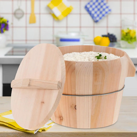 Premium Wooden Rice Steamer Bucket With Secure Flat Lid And Detachable Base For Snappy Cooking And Zero Fuss Cleanup A Real Game Changer For Fluffy Everyday Grains And Family Suppers with rice inside.