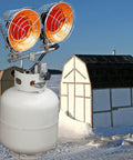 Infrared Propane Heater With Dual Burners For Outdoors, 30,000 BTU Outdoor Patio Heater With Refillable Tank in snowy setting