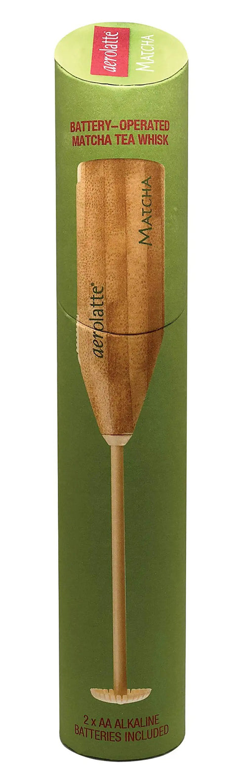 Matcha Tea And Milk Frother For Cafe Style Smooth Latte At Home No Power Needed BPA Free Plastic Durable And Portable Includes Protective Case And 2 AA Batteries in green packaging.