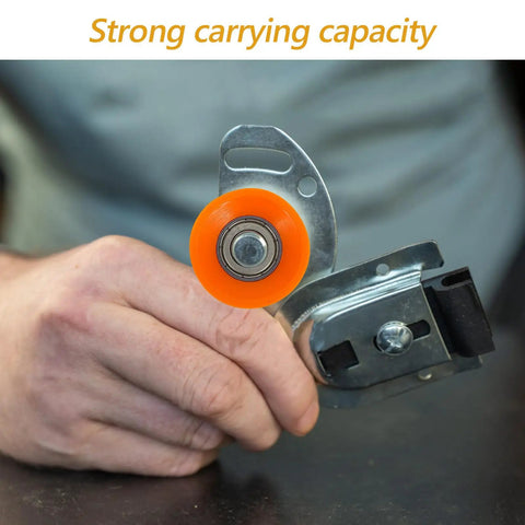 Heavy Duty Nylon U Groove Pulley Wheels With Micro Ball Bearings Built Like A Tank Super Quick Snap Install Durable Track Guide Rollers For Any Cart Or Machine Five Pack held in hand, showing orange nylon wheel and metal mount.