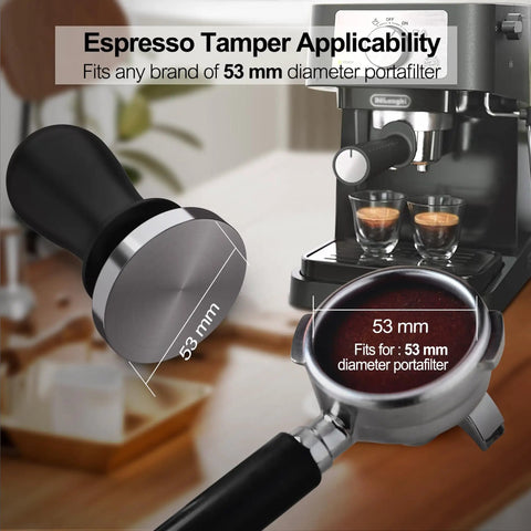 53mm Espresso Calibrated Tamper with Spring Loaded Handle next to 53mm portafilter and espresso machine