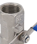 3/8 Inch Full Port Stainless Steel Ball Valve Featuring A Workhorse Grade Crush Proof Body showing threaded end and blue handle.