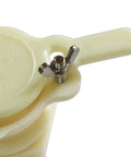 Close-up of food-grade plastic honey gate tap valve with tighten screw for beekeeping systems