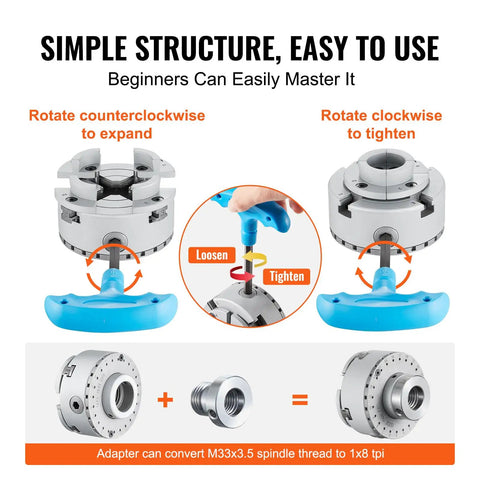Four Jaw Lathe Chuck Three Point Seven Five Inch Diameter Self Centering Tool shown with rotation instructions